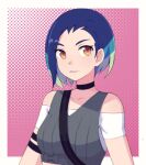  1girl armband between_breasts black_choker blue_hair border breasts choker collarbone commentary_request grey_vest looking_at_viewer off-shoulder_shirt off_shoulder orange_eyes outside_border parted_lips perrin_(pokemon) pink_background pokemon pokemon_(game) pokemon_sv shirt short_hair solo strap strap_between_breasts umibato upper_body vest white_border white_shirt 