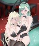  2girls :o :q absurdres aizawa_ema alternate_costume animal_ears bare_shoulders black_bow black_bowtie black_leotard black_thighhighs blonde_hair blue_eyes blunt_bangs blush bow bowtie breasts brown_pantyhose casino center_opening collarbone detached_collar fake_animal_ears green_hair hair_behind_ear hair_flaps highleg highleg_leotard highres hug large_breasts leotard long_hair looking_at_viewer mole mole_on_breast multiple_girls nakume_(harisenbon968) pantyhose pink_nails playboy_bunny purple_eyes rabbit_ears roulette_table sitting sitting_on_table smile strapless strapless_leotard swept_bangs table thighhighs tongue tongue_out traditional_bowtie very_long_hair virtual_youtuber vspo! wing_collar wrist_cuffs yakumo_beni yellow_nails 