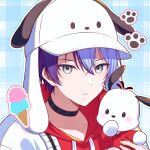  1boy animal_ear_headwear animal_hat aoyagi_touya black_choker blue_hair choker dark_blue_hair dog dog_hat droopy_ears grey_eyes hair_between_eyes hat highres hood hoodie jacket jacket_over_hoodie looking_at_viewer male_focus mole mole_under_eye multicolored_hair open_mouth pochacco project_sekai red_hoodie sanrio short_hair split-color_hair teneko02 two-tone_hair white_dog white_jacket 