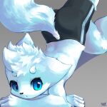  anthro arcticneu bike_shorts blue_eyes bottomwear butt canid canine clothing fox fur hair male mammal neu_(arcticneu) pose shirtless_male shorts simple_background solo tail tight_bottomwear tight_clothing tight_shorts white_body white_fur white_hair young 