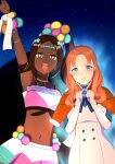  2girls absurdres annette_fantine_dominic bare_shoulders blue_aura bracelet dark-skinned_female dark_skin fire_emblem fire_emblem:_three_houses fire_emblem_engage high_ponytail highres jewelry looking_at_viewer mgnk33 midriff multiple_girls open_mouth pearl_bracelet pearl_hair_ornament teeth timerra_(fire_emblem) upper_teeth_only 