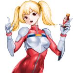  1girl blonde_hair bodysuit breasts covered_collarbone gloves hands_up highres medium_breasts medium_hair minamoto80486 open_mouth red_bodysuit red_eyes rent-a-hero rent_a_hiroko simple_background solo teeth tight_clothes twintails white_background white_gloves 