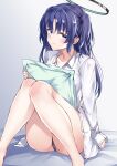  1girl bare_legs barefoot black_panties blue_archive blue_eyes blue_hair closed_mouth collarbone collared_shirt commentary_request feet_out_of_frame full_body gradient_background grey_background hair_between_eyes halo highres holding holding_pillow irohara knees_together_feet_apart knees_up long_sleeves looking_at_viewer panties parted_bangs pillow shirt sitting sleeves_past_wrists solo two_side_up underwear white_shirt yuuka_(blue_archive) 