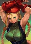  1girl ahoge armpits arms_up beret blonde_hair braid cammy_white green_eyes green_leotard hat huge_ahoge hungry_clicker leotard solo street_fighter street_fighter_ii_(series) twin_braids 