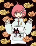  1girl black_background bone_hair_ornament cat food garouma hair_ornament hands_up highres looking_at_viewer open_mouth original patterned_background pocket print_coat red_eyes red_hair short_hair sleeves_past_wrists solo taiyaki wagashi zipper zipper_pull_tab 