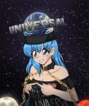  1990s_(style) 1girl black_collar black_shirt blue_eyes blue_hair breasts chain cleavage clothes_writing collar collarbone earth_(ornament) fidgeting galaxy gold_chain hat heart heart_print hecatia_lapislazuli hecatia_lapislazuli_(earth) index_fingers_together long_hair moon_(ornament) nervous off-shoulder_shirt off_shoulder parted_lips polos_crown retro_artstyle shirt solo star_(sky) step_arts t-shirt touhou underworld_(ornament) universal_studios very_long_hair 