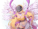  angel_wings angewomon blonde_hair breasts cleavage covered_eyes digimon digimon_(creature) elbow_gloves gloves helmet_over_eyes highres large_breasts long_hair milka_(milk4ppl) purple_sash sash simple_background single_elbow_glove solo white_gloves wings 