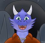 2023 anthro bennybug blue_body bust_portrait cave clothing digital_media_(artwork) female front_view gaping_mouth hi_res horn kobold leather leather_clothing leather_topwear looking_at_viewer loskra open_mouth portrait sharp_teeth signature smile solo teeth topwear uvula 