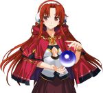  1girl alicesoft cape cleavage_cutout clothing_cutout crystal_ball earmuffs jewelry light_smile long_hair looking_at_viewer necklace rance_(series) red_eyes red_hair simple_background smile solo willis_fujisaki 