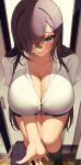  1girl absurdres arm_behind_back august_von_parseval_(azur_lane) azur_lane bag black_skirt blush breasts brown_hair bursting_breasts cleavage closed_mouth collarbone commentary_request doorway hair_over_one_eye highres large_breasts long_hair looking_at_viewer outstretched_hand purple_eyes school_bag school_uniform shirt short_sleeves skirt smile solo standing taut_clothes taut_shirt thighhighs uniform very_long_hair white_shirt yomare 