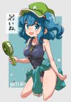  1girl black_tank_top blue_eyes blue_hair breasts collarbone cropped_legs electric_fan feet_out_of_frame flat_cap green_headwear hair_bobbles hair_ornament hat highres kawashiro_nitori key looking_at_viewer medium_breasts medium_hair solo speech_bubble tank_top touhou translation_request two_side_up uisu_(noguchipint) 