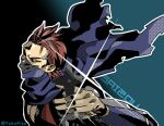  1boy black_gloves facing_to_the_side fire_emblem fire_emblem_fates gloves holding_shuriken looking_at_viewer male_focus mask mouth_mask ninja ninja_mask one_eye_closed red_hair saizo_(fire_emblem) upper_body yokokisa 