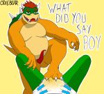  anthro belly belly_overhang bodily_fluids bowser diaper duo feet genital_fluids genitals hi_res male male/male mario_bros nintendo odiebear penis slightly_chubby slit text toes urine watersports wet wetting yoshi_(character) 