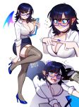  1girl artist_name black_choker black_hair blue-framed_eyewear blue_nails blush blushyspicy breasts choker cleavage earrings glasses highres holding jewelry large_breasts mole mole_under_eye office_lady office_workers_(blushyspicy) pencil_skirt pointy_ears shirt skirt vampire vampire_secretary_(blushypixy) white_shirt 