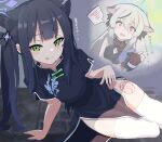  2girls :q animal_ear_fluff animal_ears arm_support black_coat black_hair blue_archive blunt_bangs china_dress chinese_clothes cleavage_cutout clothing_cutout coat commentary_request dress extra_ears gradient_hair green_eyes grey_hair hair_between_eyes halo holding ink_stamp kokona_(blue_archive) long_hair long_sleeves looking_at_viewer low_twintails lying multicolored_hair multiple_girls no_panties on_side open_clothes open_coat orange_eyes parted_lips pelvic_curtain short_sleeves shun_(blue_archive) shun_(small)_(blue_archive) side_slit sidelocks sleeveless solo_focus spoken_blush stamp_mark streaked_hair surprised sweat sweating_profusely thighhighs thighs tiger_ears tiger_girl tongue tongue_out translation_request twintails two-tone_hair white_thighhighs yucblossom 
