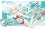  1girl bikini black_bikini blonde_hair blush breasts bubble fish flippers hair_ornament hairclip highres holding_breath ibara_riato long_hair looking_at_viewer medium_breasts navel original side-tie_bikini_bottom solo stomach submerged swimming swimsuit underwater wrist_bow 