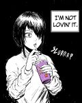  1girl absurdres chainsaw_man cup disposable_cup drinking_straw english_text greyscale grimace_shake_(meme) highres holding holding_cup ibumuc long_hair meme monochrome nayuta_(chainsaw_man) ringed_eyes solo spot_color turtleneck 