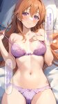  1girl bed_sheet blush bra breasts brown_hair closed_mouth collarbone hair_between_eyes hair_ornament hairclip hand_on_own_chest hands_up highres konoe_kanata long_hair looking_to_the_side love_live! love_live!_nijigasaki_high_school_idol_club lying medium_breasts midriff navel on_back on_bed on_pillow panties pillow pulled_by_self purple_bra purple_eyes purple_panties shiitake_taishi smile solo strap_pull translation_request underwear underwear_only undressing 