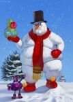  1boy 2023 animal_ears arm_up artist_name black_headwear blue-tinted_eyewear blue_eyes blue_sky blurry blurry_background boots bow carrot closed_mouth commentary_request crossover dated day dildo egg_pawn english_commentary facing_viewer family_guy fat fat_man frosty_the_snowman frosty_the_snowman_(character) fusion gift glasses gloves hand_on_own_hip hand_up happy hat heart holding holding_gift male_focus mittens naked_scarf navel nude outdoors outstretched_arm peter_griffin pince-nez pointing pointing_at_another pointy_footwear pom_pom_(clothes) puffy_chest rabbit_ears red_bow red_footwear red_gloves red_scarf robot round_eyewear scarf sex_toy sky smile snow snowing solo_focus sonic_(series) standing sunglasses teeth tinted_eyewear top_hat totesfleisch8 tree watermark what 