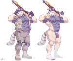  2018 abs anthro anus arm_scar bear_barton belt biceps black_body black_fur black_hair black_nipples boots bottomwear brown_bottomwear brown_clothing brown_pants bulletproof_vest chest_scar claws clothing explosives eyewear finger_claws footwear fur goggles green_eyes grenade grin gun hair headshot_portrait knee_pads male mammal markings multicolored_body multicolored_eyes multicolored_fur nipple_fetish nipple_play nipples nude obliques pants pawpads pecs portrait presenting presenting_anus procyonid raccoon raccoon21 ranged_weapon red_eyes scar shotgun signature simple_background smile solo striped_markings striped_tail stripes tactical_gloves tail tail_markings tan_body tan_fur toe_claws topwear two_tone_eyes vest weapon white_background white_body white_fur 