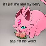  berry blue_eyes colored crouching digital_drawing_(artwork) digital_media_(artwork) domestic_cat ears_up eating eeveelution english_text espeon felid feline felis female feral food fruit fur generation_2_pokemon krellatnight licking mammal meme nintendo plant pokemon pokemon_(species) solo text tongue tongue_out tufted_fur 