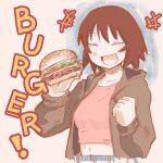  1girl :d ^_^ azumanga_daioh blue_background blue_pants blush breasts brown_hair brown_jacket burger closed_eyes collarbone crop_top cropped_shirt denim denkirk english_text food happy holding holding_food jacket jeans kagura_(azumanga_daioh) large_breasts leather leather_jacket long_sleeves midriff navel notice_lines oekaki open_clothes open_jacket open_mouth pants pink_shirt shirt short_hair sketch smile solo white_background 