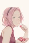  1girl bare_arms eyelashes food fruit green_eyes haruno_sakura headband highres holding holding_food holding_fruit jacket looking_to_the_side naruto_(series) pink_hair red_jacket short_hair simple_background sleeveless sleeveless_jacket strawberry tobu_0w0 upper_body white_background 