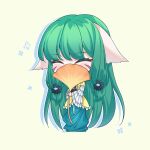  1girl animal_ears chibi closed_eyes covering_mouth ears_down facial_mark fox_ears frilled_jacket frilled_sleeves frills full_body ginkgo_leaf green_hair green_skirt highres holding holding_leaf huyao_xiao_hongniang jacket kumu_zaisheng layered_sleeves leaf long_hair long_skirt long_sleeves low_tied_sidelocks short_over_long_sleeves short_sleeves skirt solo tushan_rongrong very_long_hair yellow_background yellow_jacket 