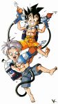  2boys alternate_costume barefoot black_hair blue_eyes dragon_ball dragon_ball_z full_body grey_shorts highres holding holding_water_gun kakeru_(dbskakeru) looking_at_viewer multiple_boys open_mouth orange_shorts short_hair shorts simple_background son_goku spiked_hair topless_male toriyama_akira_(style) trunks_(dragon_ball) water_gun white_background white_hair 