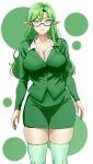  1girl absurdres borrowed_character breasts cleavage commission english_commentary glasses green-framed_eyewear green_eyes green_skirt green_suit highres large_breasts long_hair long_sleeves looking_at_viewer office_lady original pencil_skirt pointy_ears sado_art skindentation skirt solo standing suit 