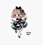  1girl ankle_cuffs black_bow black_dress black_eyes black_footwear blush_stickers bow bow_legwear brown_hair check_copyright chibi clothes_lift cloud_print collar collared_dress copyright_request dress dress_lift english_text eyelashes fingernails hair_bow lace-trimmed_dress lace-trimmed_sleeves lace_trim lifted_by_self long_sleeves mary_janes open_mouth original pantyhose putong_xiao_gou shoes short_dress short_hair simple_background smile socks solo white_background white_collar white_pantyhose white_socks 