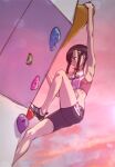  1girl bike_shorts black_eyes black_hair climbing climbing_wall cloud day feet_out_of_frame from_side hair_ornament hairclip iwakakeru!_sport_climbing_girls long_hair outdoors pink_sky rock_climbing shoes sidelocks sky solo sports_bra uehara_jun watanabe_yoshihiro 