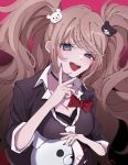  1girl :d bear_hair_ornament black_background black_bra black_choker black_shirt bow bra breasts choker cleavage danganronpa:_trigger_happy_havoc danganronpa_(series) enoshima_junko hair_ornament highres large_breasts monokuma necktie pote_(pote_39) red_background red_bow red_nails shirt signature smile solo teeth tongue twintails underwear upper_body upper_teeth_only 
