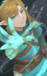  1boy belt blonde_hair blue_eyes blue_tunic brown_belt highres jewelry link linkirbyx looking_at_viewer pointy_ears ring solo the_legend_of_zelda the_legend_of_zelda:_tears_of_the_kingdom 