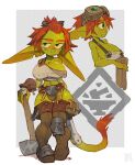  anvil blacksmith body_freckles boots breasts cleavage colored_skin female_goblin fingerless_gloves forest_box freckles gloves goblin goggles goggles_on_head green_skin hammer highres holding holding_hammer large_ears long_pointy_ears mallet midriff original pointy_ears red_hair short_hair shortstack sweat tail thigh_boots 