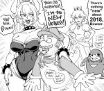  2boys 2girls absurdres bb_(baalbuddy) bowsette bracelet breasts cleavage collar collarbone commentary crown dress earrings english_commentary english_text facial_hair gloves hat height_difference highres horns jewelry knuckles_the_echidna large_breasts leotard long_hair looking_at_another mario mario_(series) meme multiple_boys multiple_girls mustache overalls princess_peach puffy_short_sleeves puffy_sleeves sharp_teeth short_sleeves smile sonic_(series) speech_bubble spiked_bracelet spiked_collar spikes standing stubble super_crown sweatdrop teeth tongue tongue_out ugandan_knuckles 