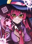  1girl breasts demon_wings duel_monster evil_twin_ki-sikil gloves green_eyes grin hand_up hat highres index_finger_raised ki-sikil_(yu-gi-oh!) long_hair necktie parted_lips pink_hair pink_necktie qr_code r_scrubed sketch smile solo speech_bubble spoken_star star_(symbol) wings yu-gi-oh! 