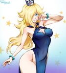  1girl alternate_costume aqua_eyes arm_up artist_name bare_shoulders blonde_hair blue_dress bracelet breasts cleavage cleavage_cutout clothing_cutout crown dated dress earrings english_commentary fingernails hair_over_one_eye jewelry lips long_hair mario_(series) medium_breasts mina_cream parted_lips pelvic_curtain purple_nails rosalina solo star_(symbol) star_earrings super_mario_galaxy taut_clothes taut_dress very_long_hair wavy_hair 