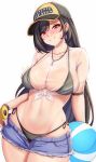  1girl anisdrawn artist_name ball baseball_cap beachball bikini bikini_under_clothes black_bikini black_hair breasts cleavage closed_mouth dangle_earrings denim denim_skirt earrings final_fantasy final_fantasy_vii final_fantasy_vii_ever_crisis final_fantasy_vii_remake fingerless_gloves frayed_skirt gloves hat highres holding holding_ball holding_beachball jewelry large_breasts long_hair looking_at_viewer low-tied_long_hair navel official_alternate_costume red_eyes see-through see-through_shirt shirt side-tie_bikini_bottom skirt smile solo swimsuit tied_shirt tifa_lockhart tifa_lockhart_(lifeguard) wet wet_clothes wet_shirt whistle whistle_around_neck white_background yellow_gloves 