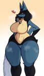  &lt;3 2023 anthro biped black_body blue_body bodily_fluids breasts featureless_breasts featureless_crotch female front_view generation_4_pokemon hi_res looking_at_viewer lucario navel nintendo pokemon pokemon_(species) red_eyes saltyxodium simple_background solo sweat tan_body thick_thighs 