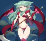  1girl ass_visible_through_thighs blue_background breasts clam_curry gloves green_hair hair_between_eyes highres holding holding_scythe long_hair looking_at_viewer navel panties pointy_ears red_eyes red_gloves red_panties riviera scythe small_breasts solo standing underwear vampire wings 