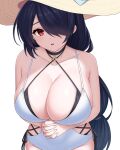  1girl asamura_hiori bare_shoulders black_hair blue_archive blush breasts choker cleavage collarbone hair_over_one_eye halo hat highres hinata_(blue_archive) hinata_(swimsuit)_(blue_archive) huge_breasts long_hair looking_at_viewer one-piece_swimsuit parted_lips red_eyes solo sun_hat swept_bangs swimsuit white_one-piece_swimsuit 