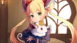  1girl ame. bangs blonde_hair blush candle commentary_request double_bun dress finger_to_mouth fire green_eyes hair_bun highres indoors juliet_sleeves long_hair long_sleeves looking_at_viewer luna_(shadowverse) parted_lips puffy_sleeves purple_dress shadowverse sleeves_past_wrists solo stuffed_animal stuffed_dog stuffed_toy twintails very_long_hair wall_lamp window 