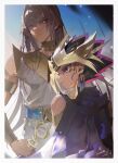  2boys armlet atem black_hair blonde_hair border brown_eyes brown_hair collar dangle_earrings dark-skinned_male dark_skin dated earrings egyptian_clothes eye_of_horus gradient_hair hair_between_eyes headdress highres holding holding_scepter jewelry long_hair looking_ahead looking_to_the_side mahado male_focus multicolored_hair multiple_boys pink_hair purple_eyes purple_hair redrawn scepter sidelighting signature sky smile spiked_hair sunlight upper_body white_border white_tunic youduk yu-gi-oh! yu-gi-oh!_duel_monsters 