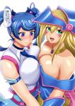  2girls absurdres blonde_hair blue_angel blue_eyes blue_hair blue_necktie blush blush_stickers breast_press breasts cleavage closed_mouth clover collarbone dark_magician_girl duel_monster earrings facial_tattoo flower_facial_mark four-leaf_clover hair_between_eyes hat heart heart_earrings highres jewelry large_breasts long_hair looking_at_viewer multiple_girls muto_dt necktie open_mouth pentagram rectangle smile symmetrical_docking tattoo translation_request white_background wizard_hat yu-gi-oh! yu-gi-oh!_vrains zaizen_aoi 