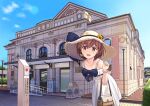  1girl :d alternate_costume bag bare_shoulders blue_bow blue_sky blush bow brown_bag brown_eyes brown_hair brown_headwear building commentary_request cow dress handbag hat hitakikan kantai_collection lamp lamppost leaning_forward looking_at_viewer official_alternate_costume open_mouth outdoors railing short_hair sign sky smile solo straw_hat teeth upper_teeth_only white_dress yukikaze_(kancolle) 