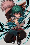  2boys alternate_eye_color alternate_hair_color aqua_bodysuit bakugou_katsuki belt belt_pouch black_whip_(boku_no_hero_academia) blue_gloves boku_no_hero_academia bright_pupils chiyaya clenched_teeth cropped_torso electricity energy flick floating_clothes floating_hair foreshortening freckles full_body gloves green_eyes green_hair grey_background hair_between_eyes hands_up headgear high_collar highres knees_up legs_up light_brown_hair looking_at_viewer male_focus midair midoriya_izuku multiple_boys orange_eyes outstretched_arms pac-man_eyes pouch profile projected_inset red_belt serious shaded_face short_hair simple_background snap-fit_buckle spiked_hair sweat teeth v-shaped_eyebrows white_gloves white_pupils 