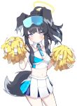  1girl animal_ears black_hair blue-tinted_eyewear blue_archive blush breasts cleavage closed_mouth commentary_request cowboy_shot criss-cross_halter crop_top detached_collar dog_ears dog_girl dog_tail eyewear_on_head halterneck hands_up hibiki_(blue_archive) hibiki_(cheerleader)_(blue_archive) korean_commentary long_hair medium_breasts midriff navel pleated_skirt pom_pom_(cheerleading) ponytail purple_eyes safety_glasses simple_background skirt solo sprout_(haji_s) star_(symbol) tail tinted_eyewear white_background white_skirt yellow_halo 