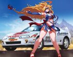 1girl ahoge armpits bare_legs bare_shoulders baseball_cap blonde_hair blue_eyes blue_gloves breasts car closed_mouth clothing_cutout dress elbow_gloves eye_mask feet_out_of_frame fingerless_gloves fujioka_yatsufusa gloves hand_on_own_hip hat highres kamen_america kamen_america_(comic) large_breasts long_hair looking_at_viewer motor_vehicle navel navel_cutout outdoors product_placement race_queen short_dress sky sleeveless sleeveless_dress smile toyota_supra wind wind_lift 