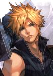  1boy armor blonde_hair blue_eyes closed_mouth cloud_strife earrings final_fantasy final_fantasy_vii final_fantasy_vii_advent_children fusion_swords high_collar hungry_clicker jewelry looking_at_viewer male_focus over_shoulder ribbed_shirt shirt short_hair shoulder_armor shoulder_belt single_bare_shoulder single_earring sleeveless sleeveless_shirt solo spiked_hair sword sword_over_shoulder upper_body weapon weapon_over_shoulder 
